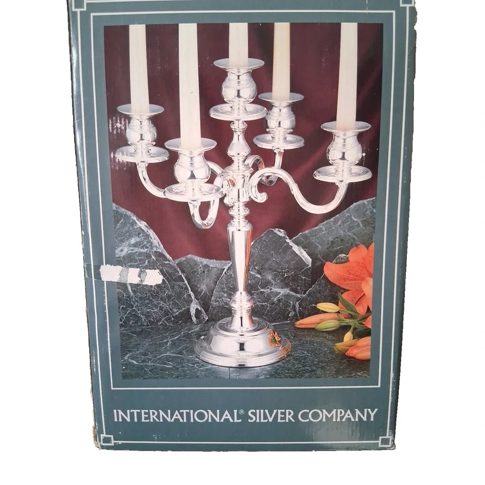 NIB 1994 International Silver Co 5-Arm Silverplate Candelabra 14.5